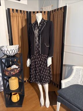 Vintage Black Blazer with White Piping Over Silk Printed Skirt & Blouse